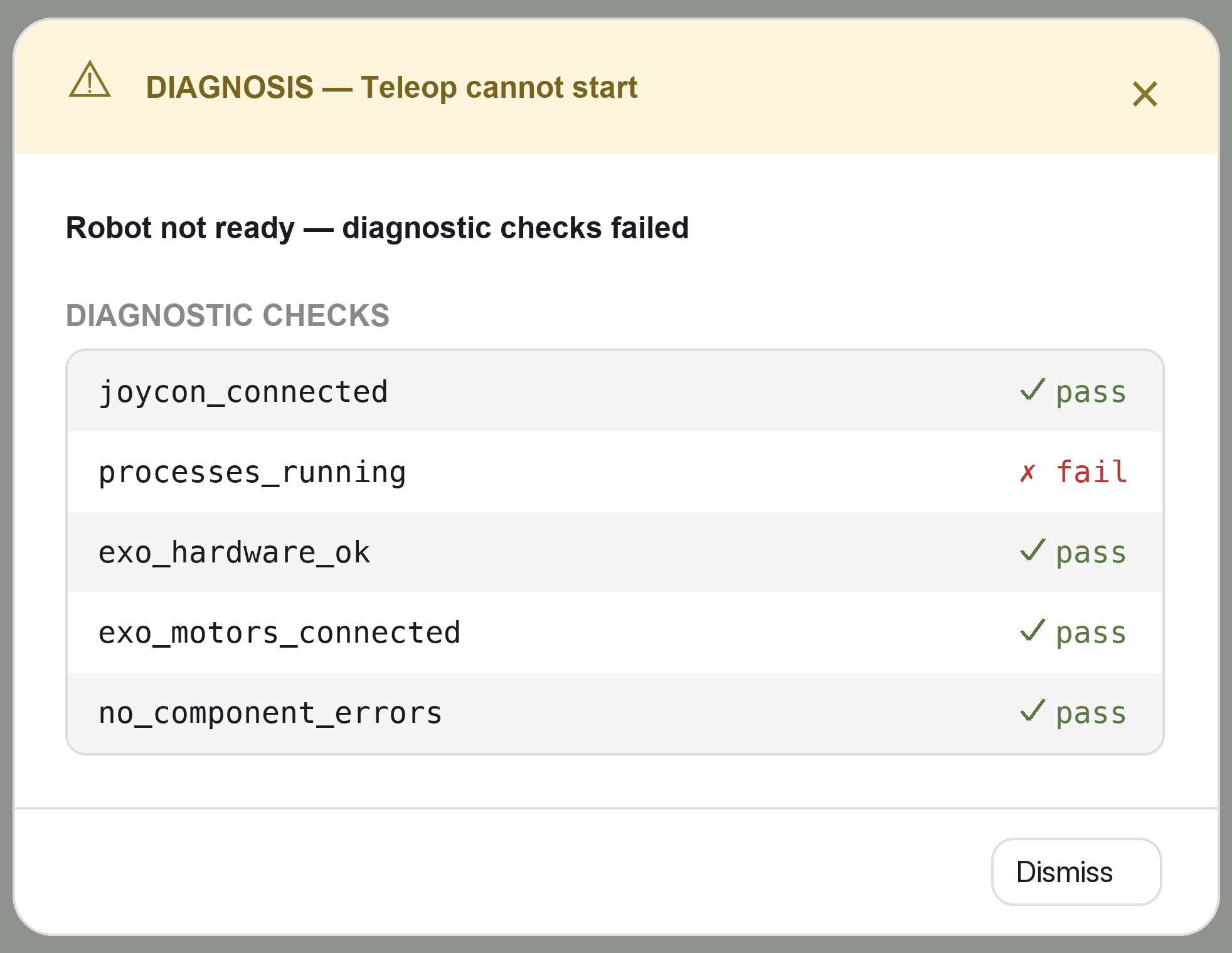 The Diagnosis window in the Omniteleop app The Diagnosis window in the Omniteleop app