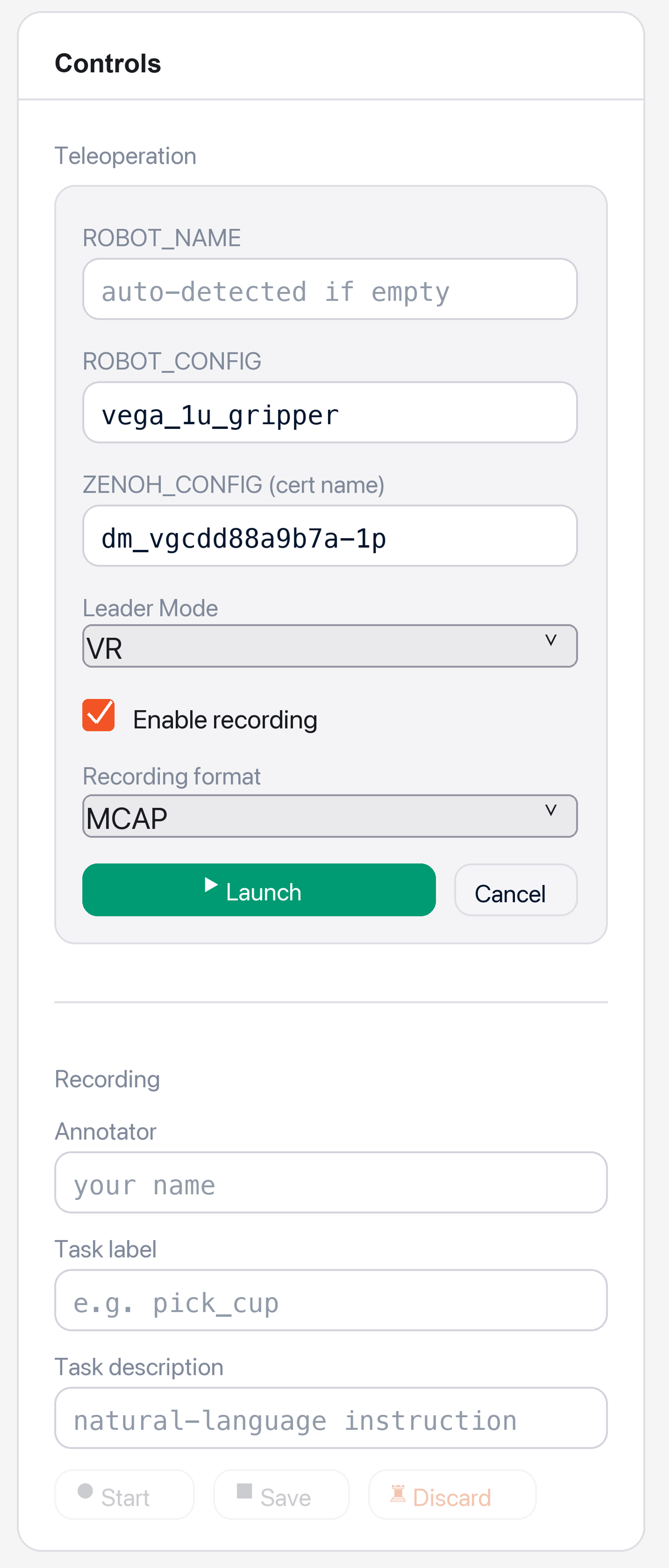 Recording configuration and task metadata in the Omniteleop app