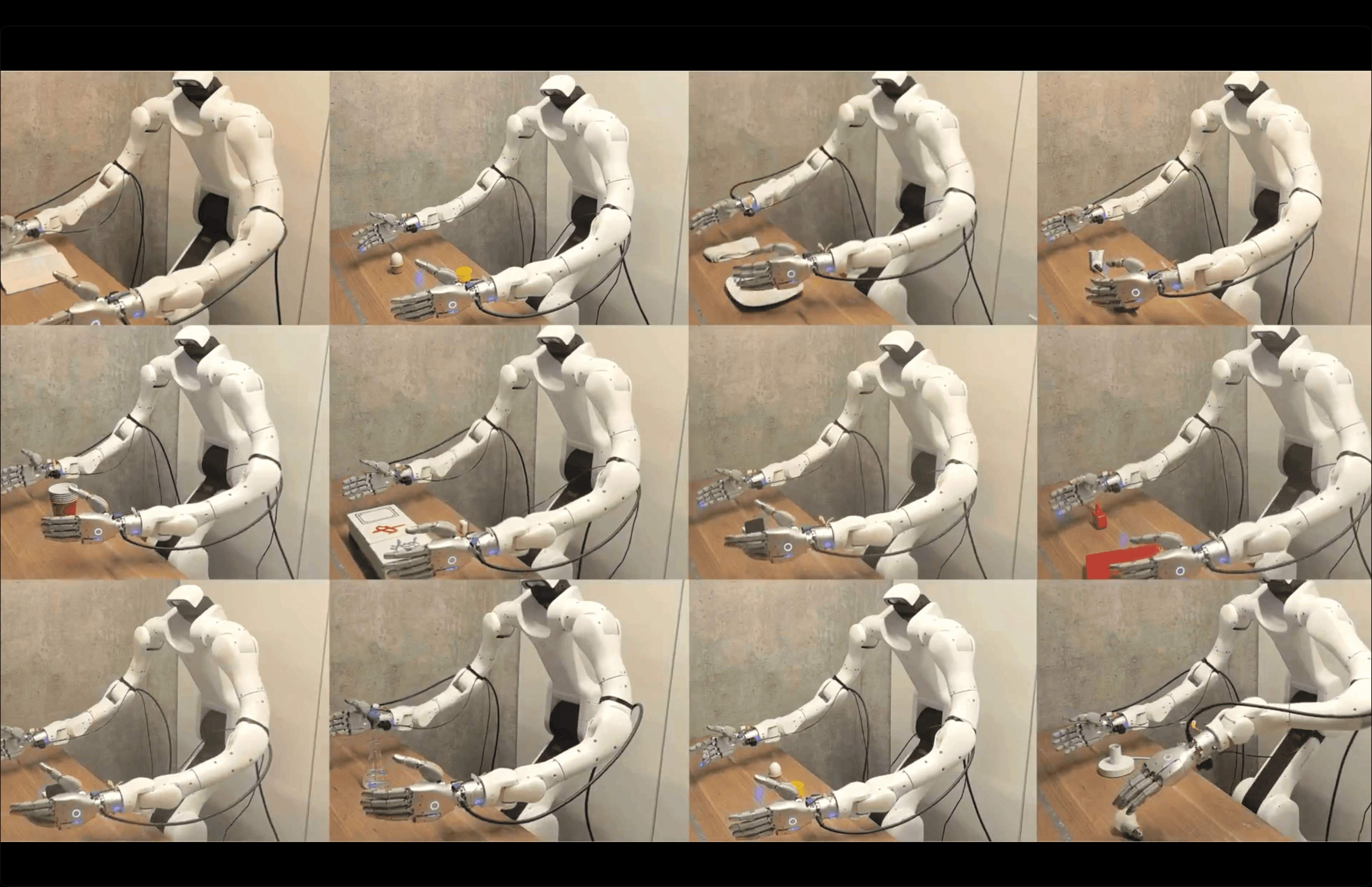 Twelve clips of a bimanual robot with dexterous hands carrying out tabletop tasks for the T-Rex paper.