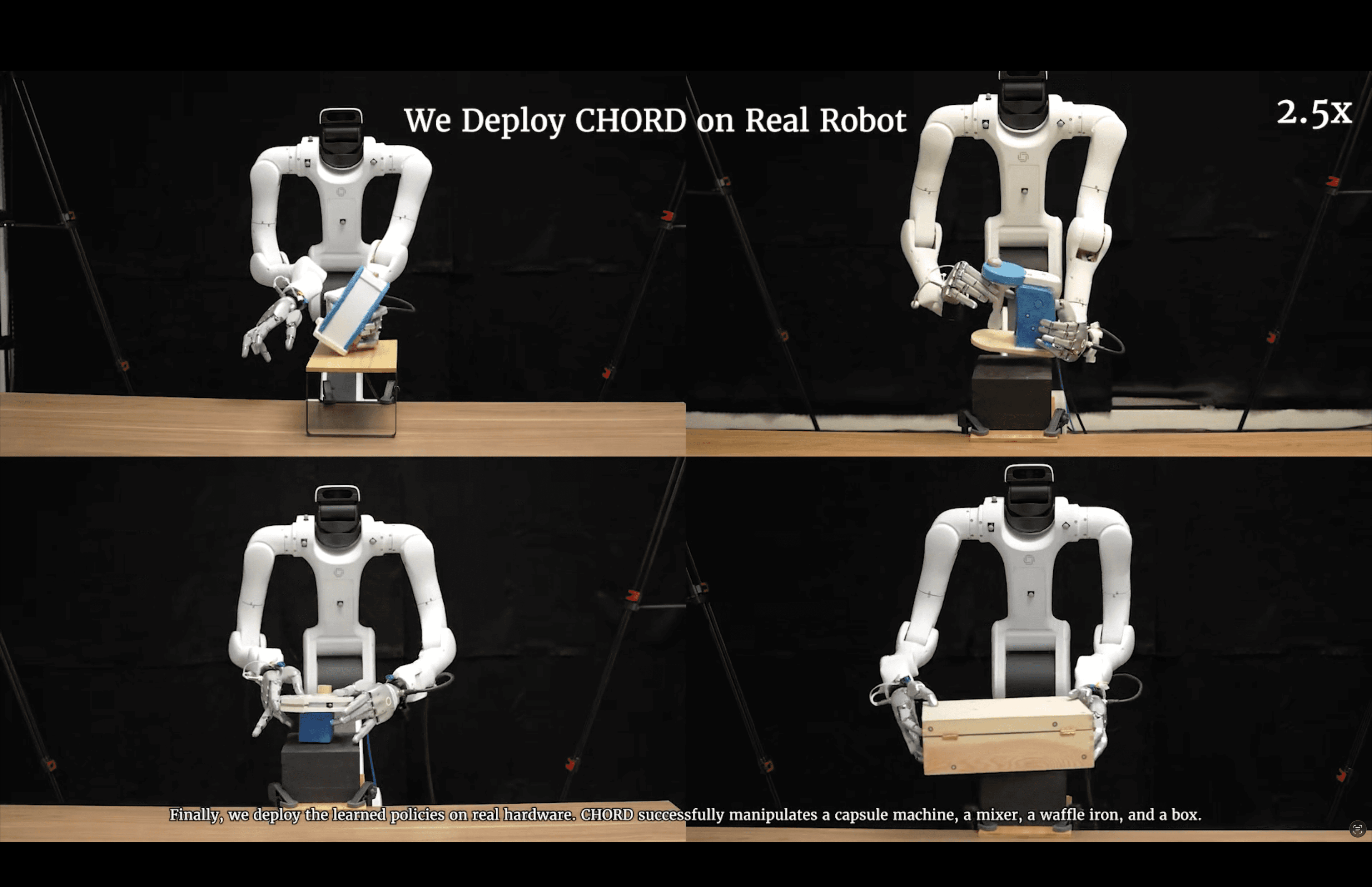 Four clips of a Vega robot running CHORD policies: operating a capsule machine, a mixer and a waffle iron, and lifting a box.