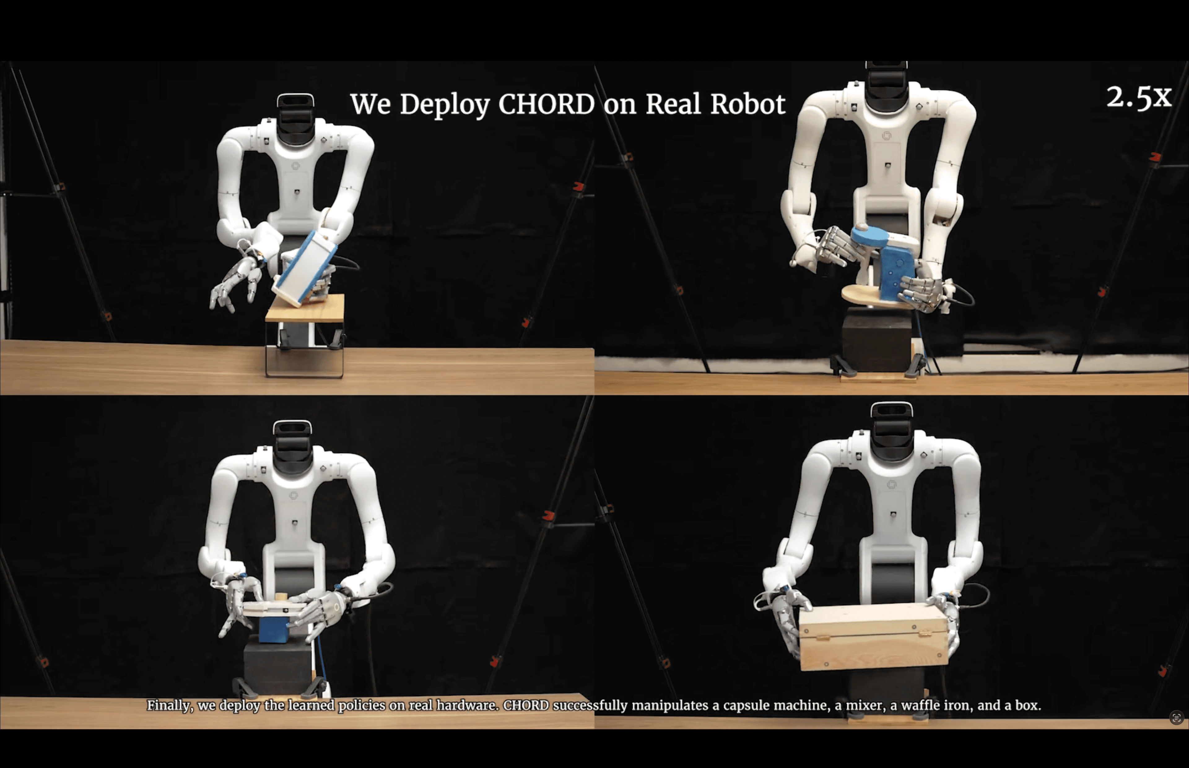 Four clips of a Vega robot running CHORD policies: operating a capsule machine, a mixer and a waffle iron, and lifting a box.