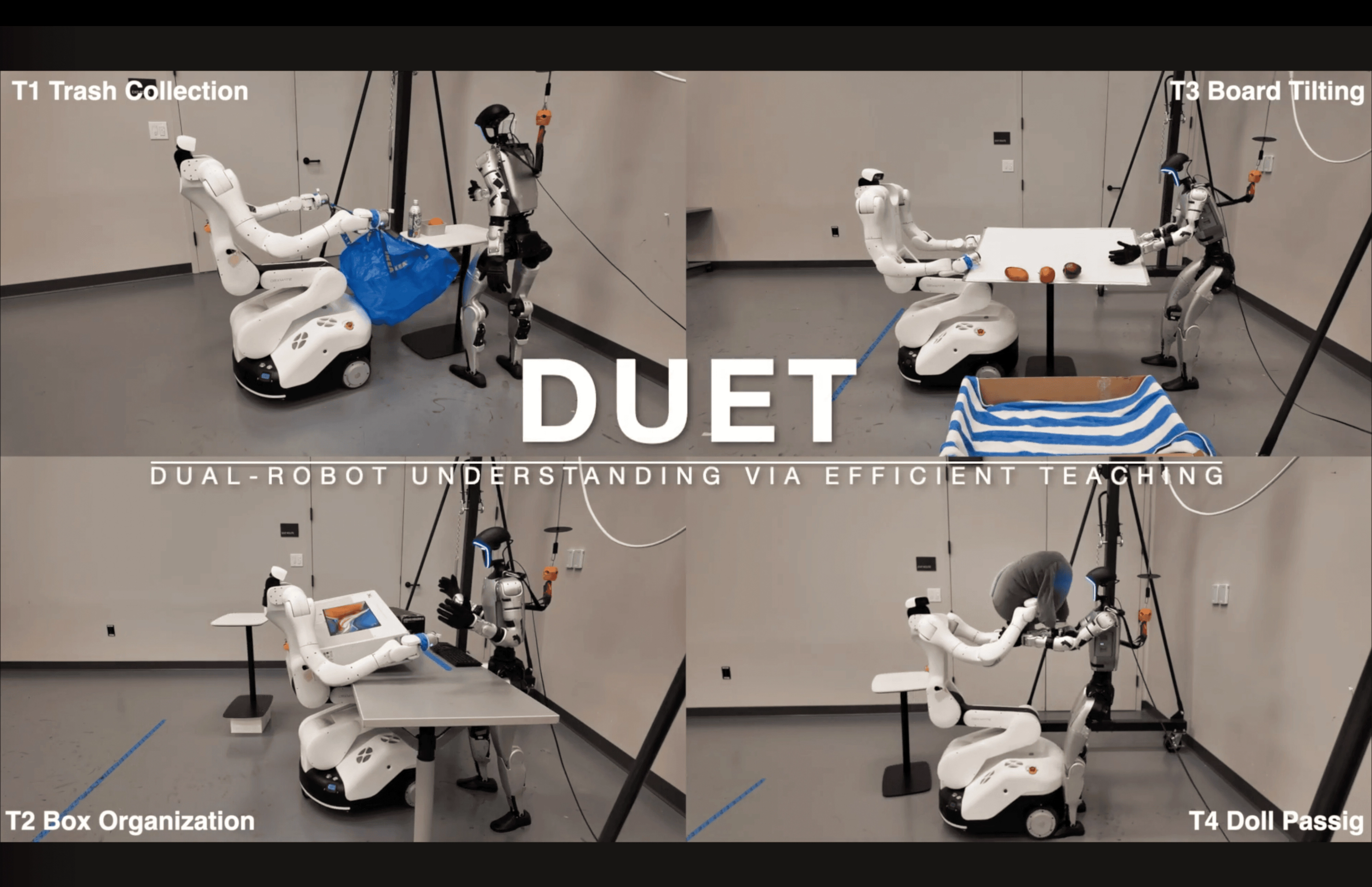 The four DUET tasks, trash collection, box organization, board tilting and doll passing, each performed by a Vega robot working with a second robot.