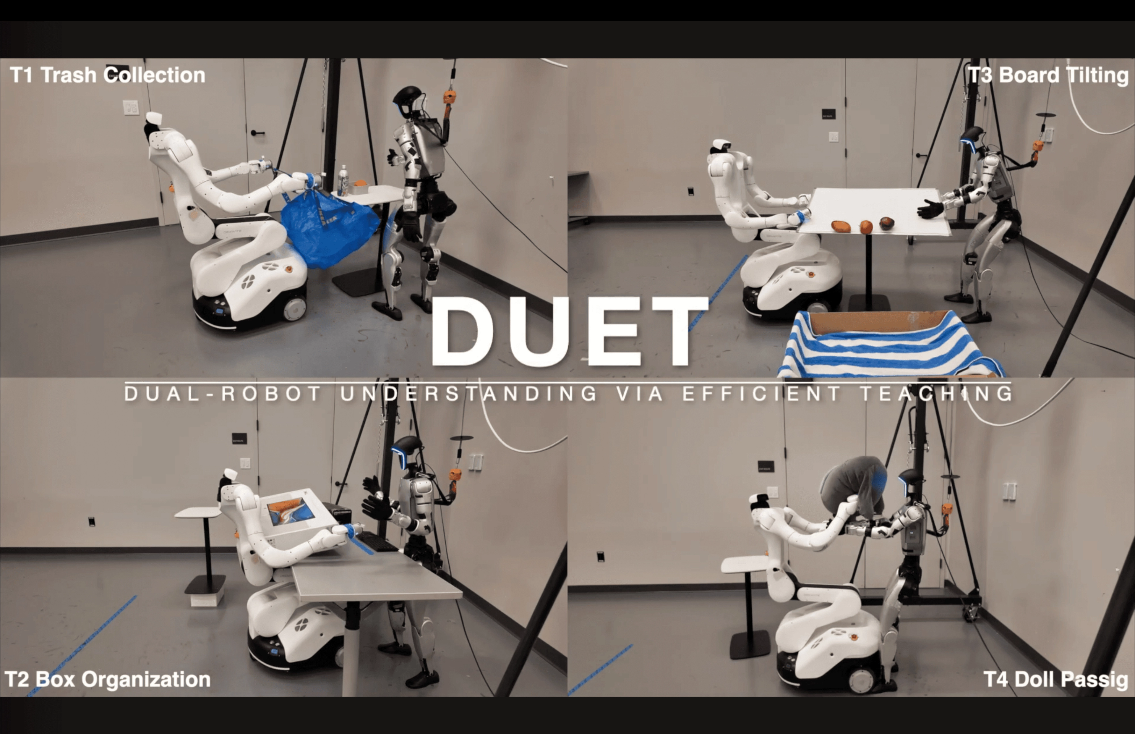 The four DUET tasks, trash collection, box organization, board tilting and doll passing, each performed by a Vega robot working with a second robot.