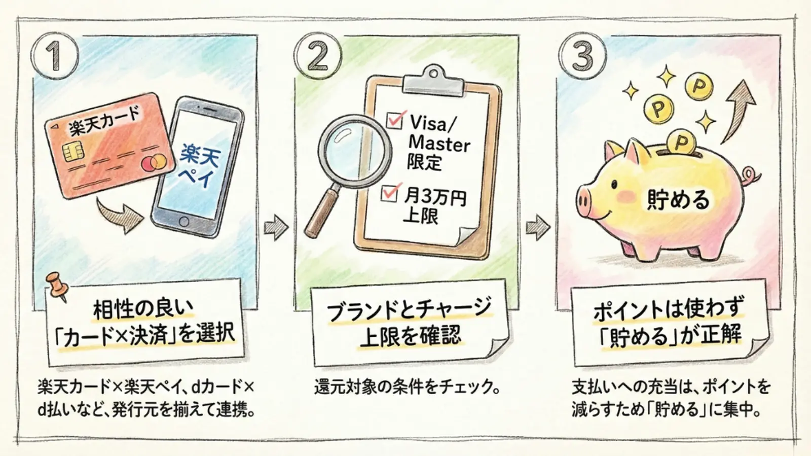 ポイントを獲得する方法を示す 3 つのステップのイラスト: クレジットカードを決済アプリにリンクし、決済ブランドと限度額を確認し、獲得したポイントを貯金箱に貯めます。