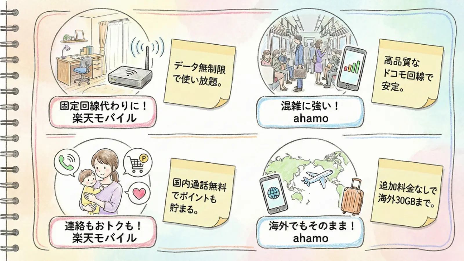 無制限データ/テザリング、ネットワークの安定性、長時間通話、国際ローミングなど、さまざまなユーザーニーズについて楽天モバイルと ahamo を比較したインフォグラフィック。