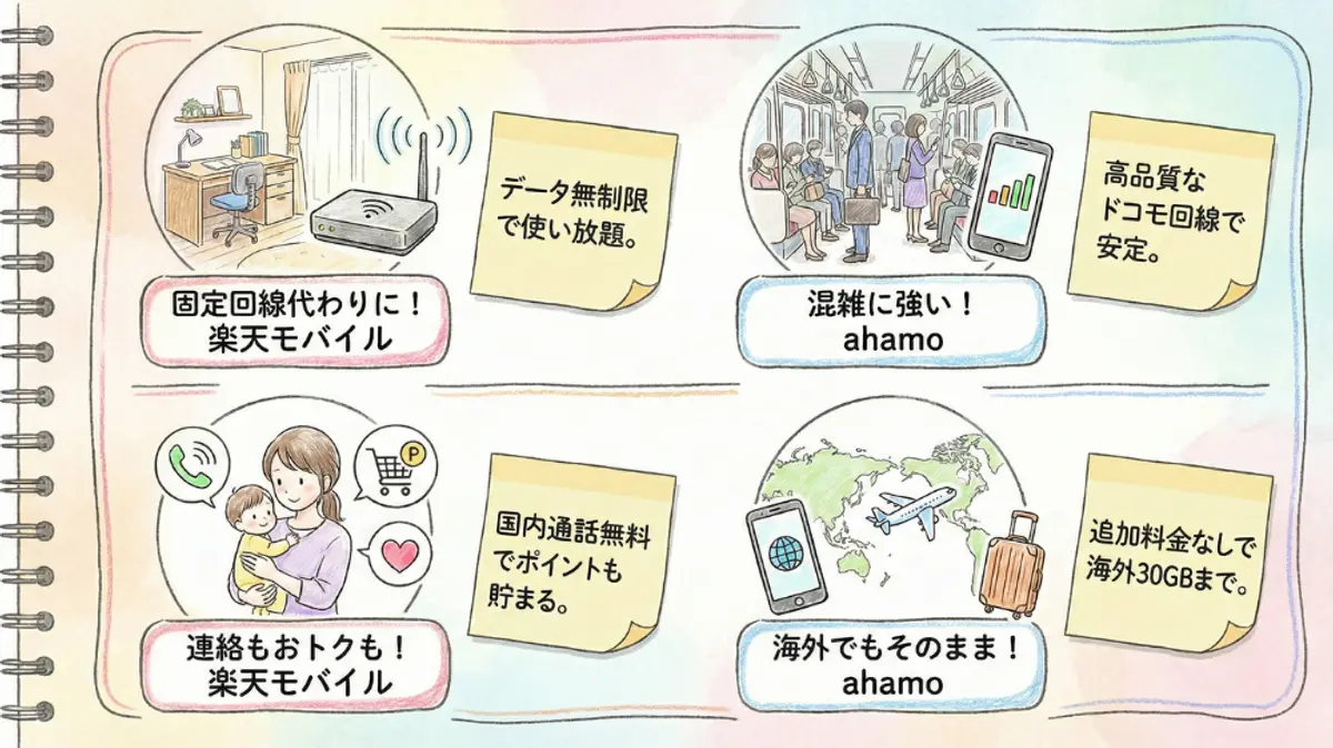 無制限データ/テザリング、ネットワークの安定性、長時間通話、国際ローミングなど、さまざまなユーザーニーズについて楽天モバイルと ahamo を比較したインフォグラフィック。