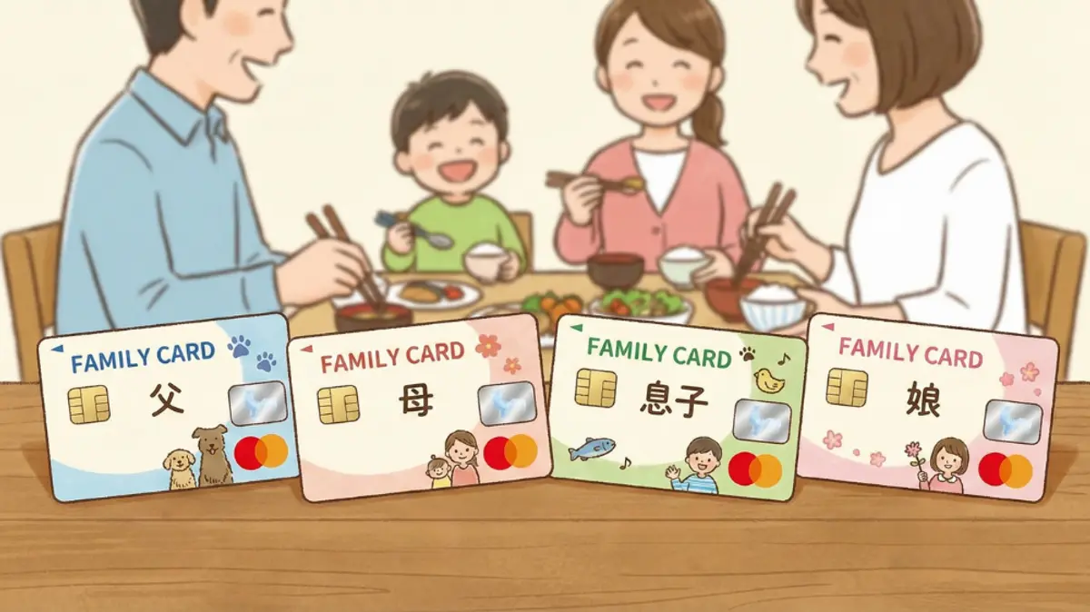 家族がテーブルで食事をしており、前景に 4 枚の個人用「ファミリー カード」Mastercard が置かれているイラスト。