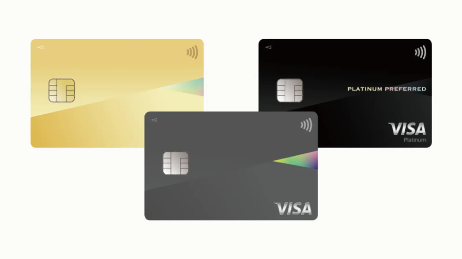 クレジットカードは3枚。ゴールドカード、ブラックのプラチナ・プリファードVisaカード、そして虹色のストライプが入ったダークグレーのVisaカード。