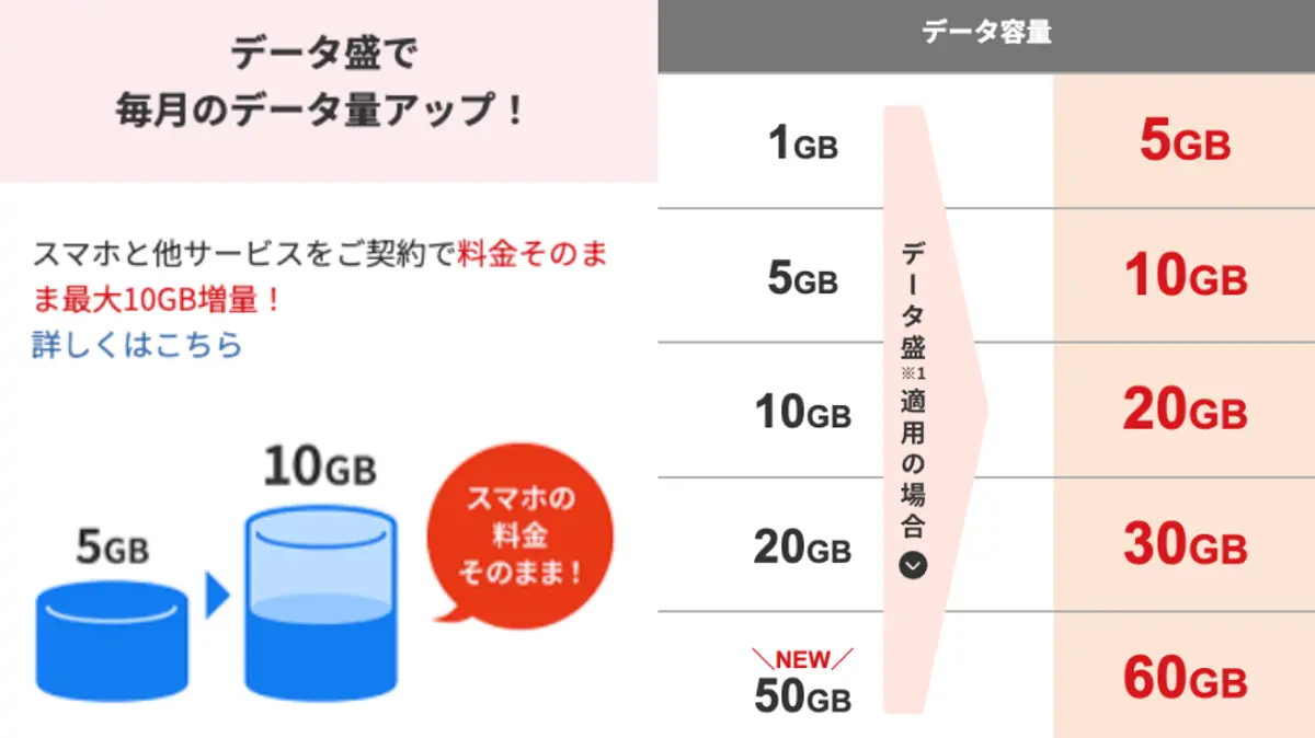 同じ月額料金でモバイルデータプランが増加(例:1GBから5GB、50GBから60GB)することを示す「データもり」の日本の広告。