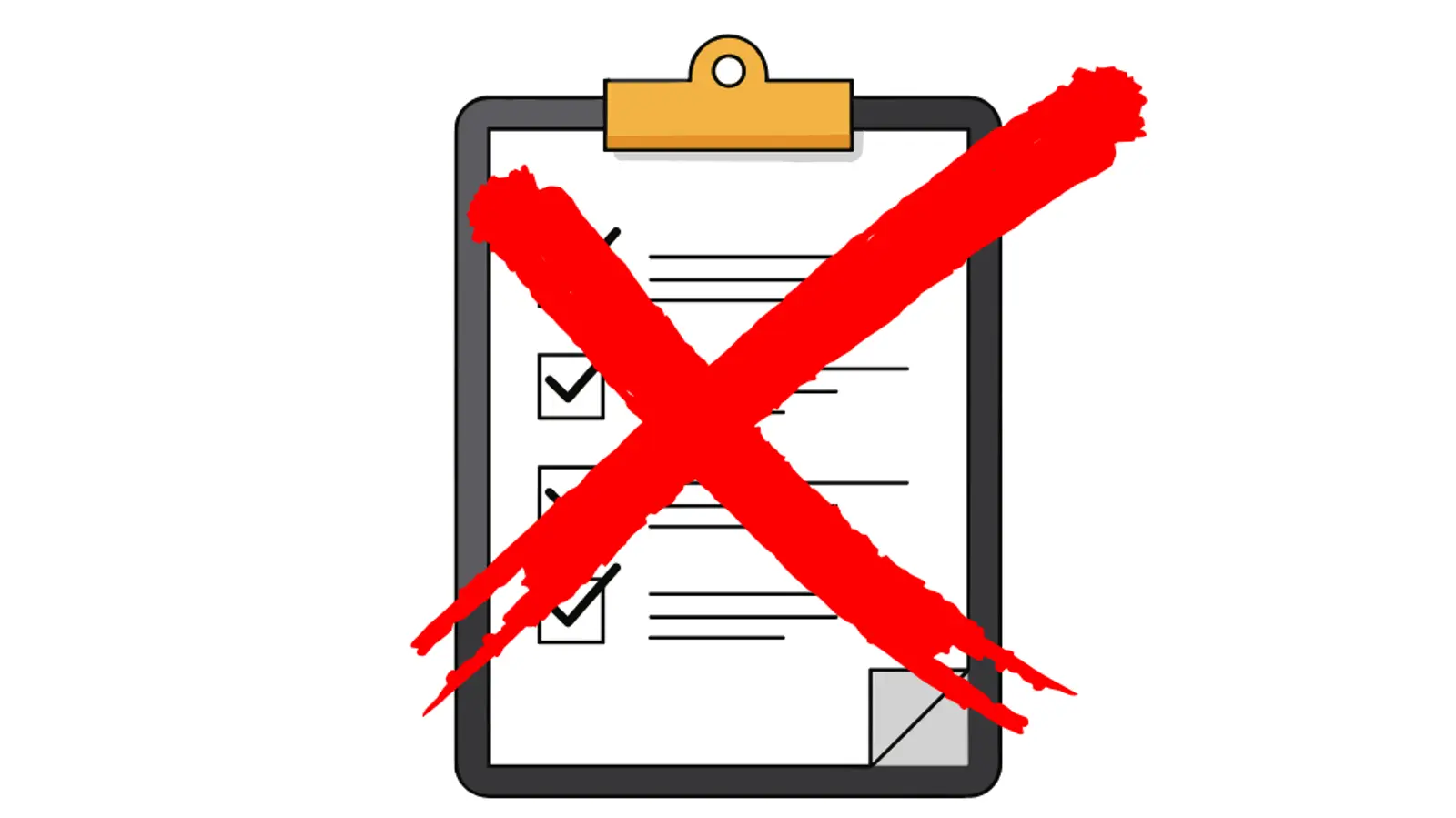 大きな赤い X で消されたチェックリストが付いたクリップボード。