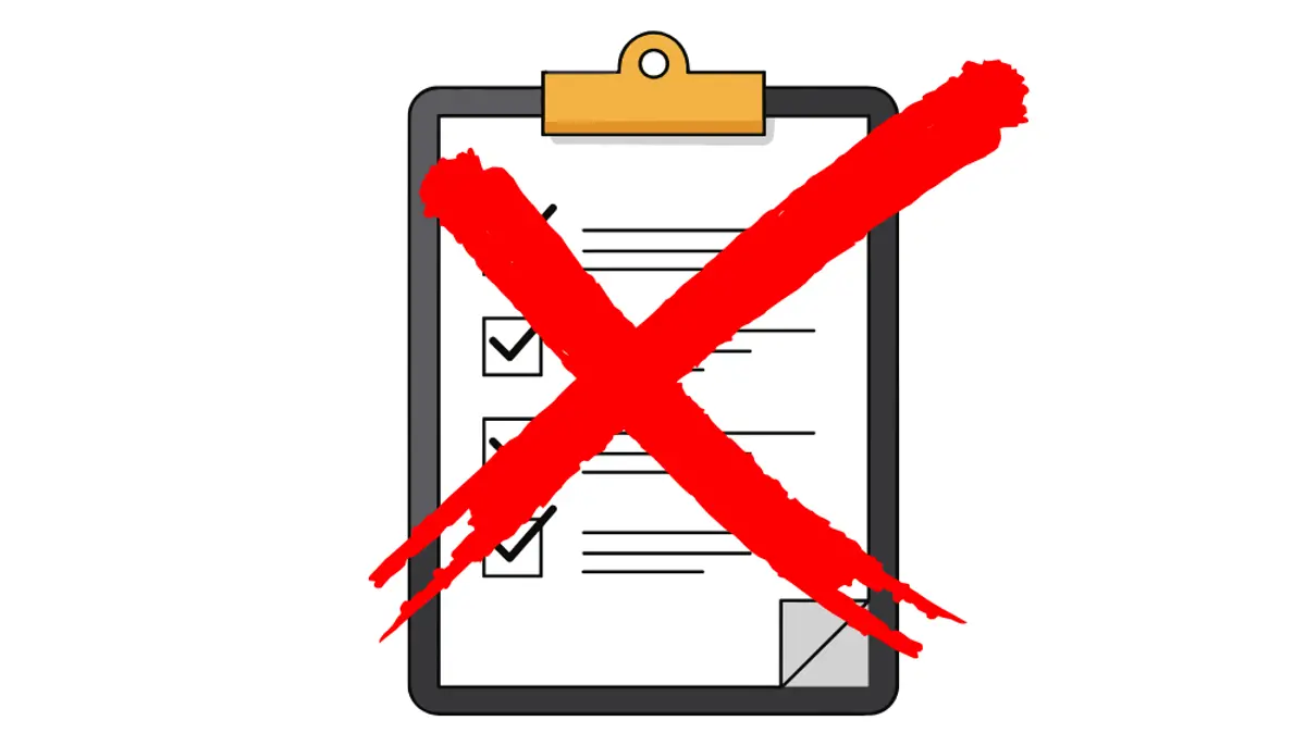 大きな赤い X で消されたチェックリストが付いたクリップボード。