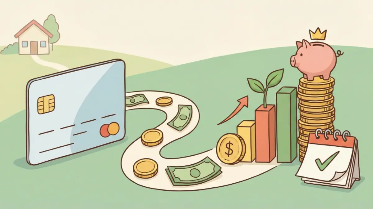 クレジットカード、貯金箱、カレンダー、家を伴う財務成長チャートにつながるお金の道筋のイラスト。