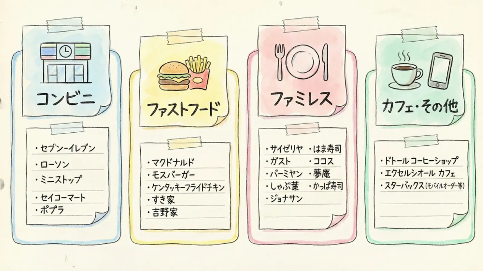 日本の企業をコンビニエンスストア、ファストフード店、ファミリーレストラン、カフェの4つのグループに分類した手描きの図。各グループの下にブランド名が記載されている。