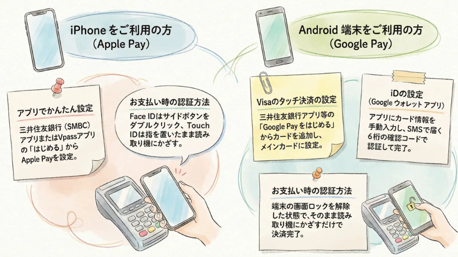 iPhoneのApple PayとAndroidのGoogle Payを比較した、非接触型決済に関する図解ガイド。設定、認証、端末での支払い方法を詳しく解説しています。