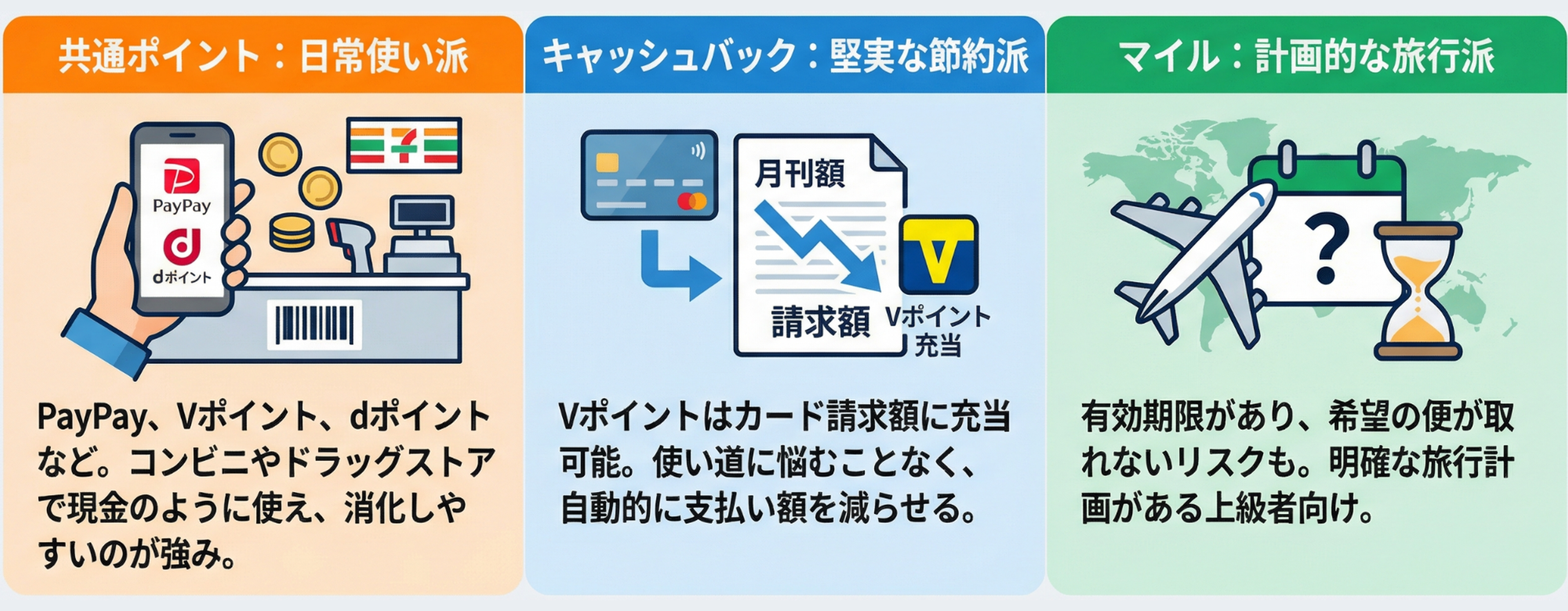 日常の支出に対する共通ポイント、クレジットカードの請求額に適用されるキャッシュバック、および使用制限がある計画的な旅行に対する旅行マイルの 3 種類の特典プログラムを示すインフォグラフィック。