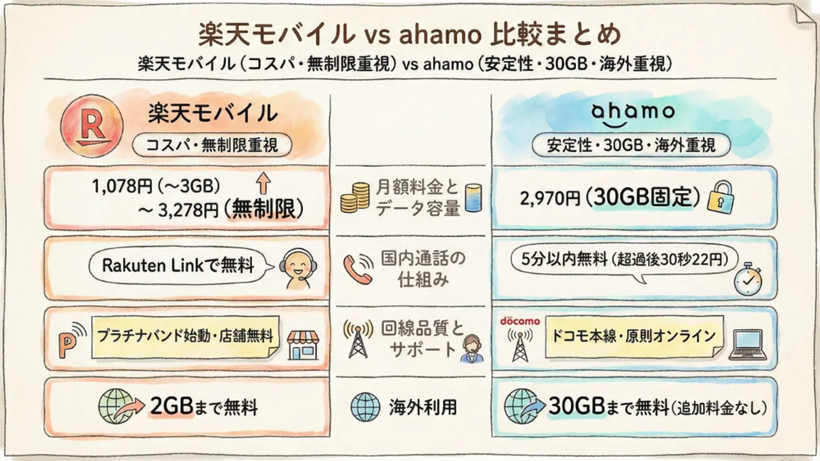 楽天モバイル（価格・データ使い放題重視）とahamo（安定性・30GB・海外重視）のモバイルプランを比較した表。