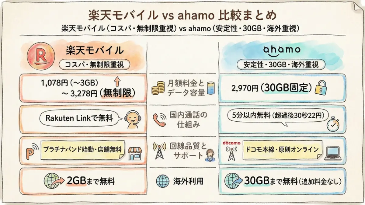 楽天モバイル(価格・データ使い放題重視)とahamo(安定性・30GB・海外重視)のモバイルプランを比較した表。
