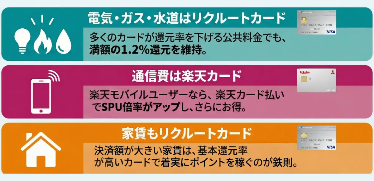 公共料金と家賃にはリクルートカード（1.2% 還元）、通信には楽天カード（楽天モバイル ユーザーには SPU ボーナス付き）を推奨する日本のインフォグラフィック。