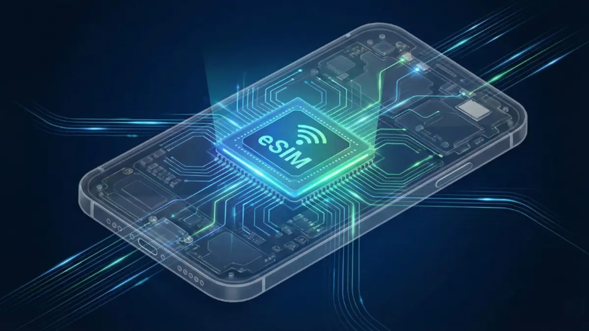 光る eSIM チップを備えた内部回路が見える透明なスマートフォン。