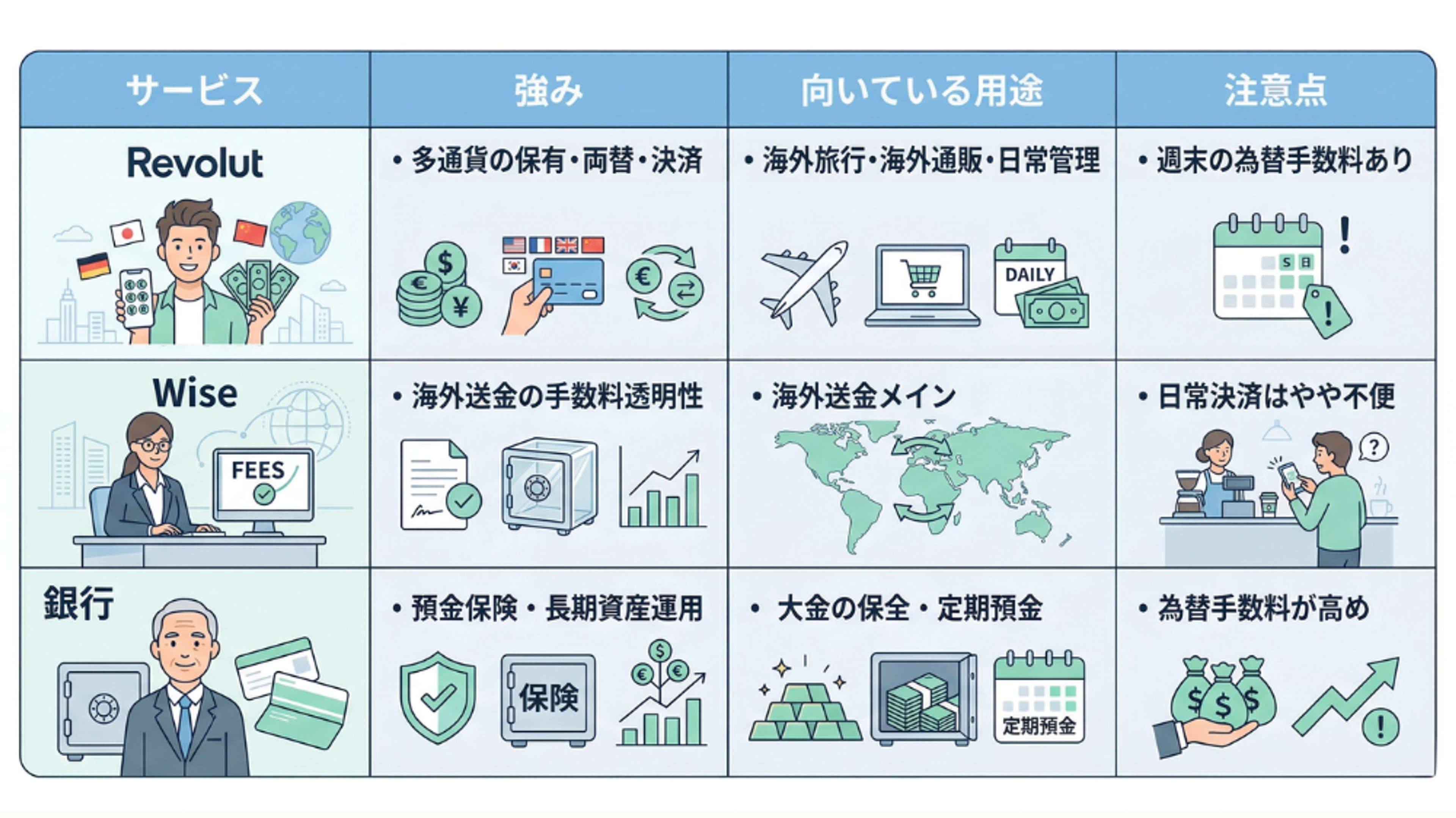 Revolut、Wise、および従来の銀行を詳細に比較した日本語の比較表。Revolut：多通貨の両替・決済に強く、海外旅行や日常管理向き。週末の為替手数料に注意。  Wise：海外送金の手数料透明性が高く、送金メインの利用向き。日常決済にはやや不向き。  従来型銀行：預金保険や長期運用に強く、大金の保全や定期預金向き。為替手数料が高い点に注意。