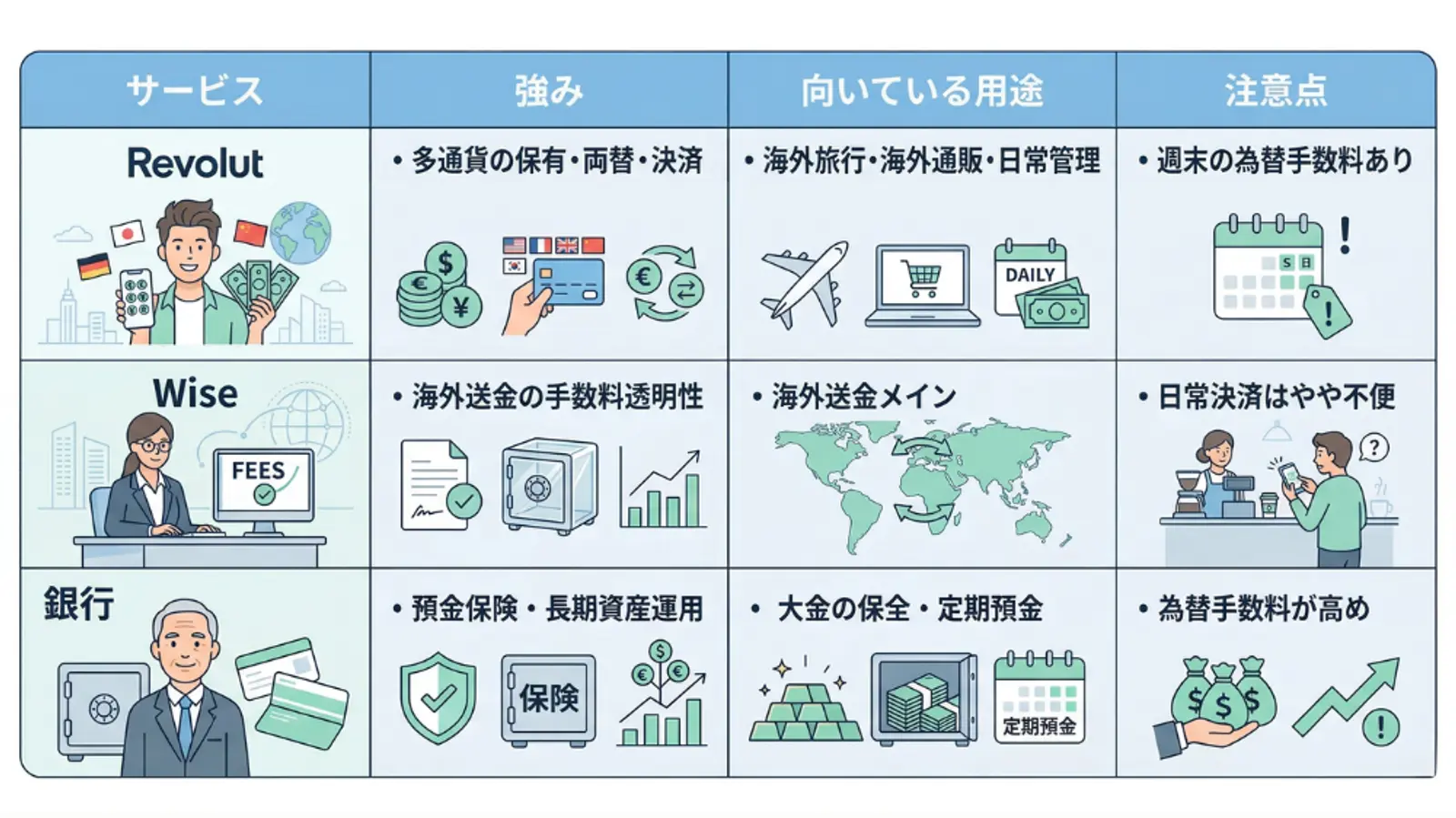 Revolut、Wise、および従来の銀行を詳細に比較した日本語の比較表。Revolut：多通貨の両替・決済に強く、海外旅行や日常管理向き。週末の為替手数料に注意。  Wise：海外送金の手数料透明性が高く、送金メインの利用向き。日常決済にはやや不向き。  従来型銀行：預金保険や長期運用に強く、大金の保全や定期預金向き。為替手数料が高い点に注意。