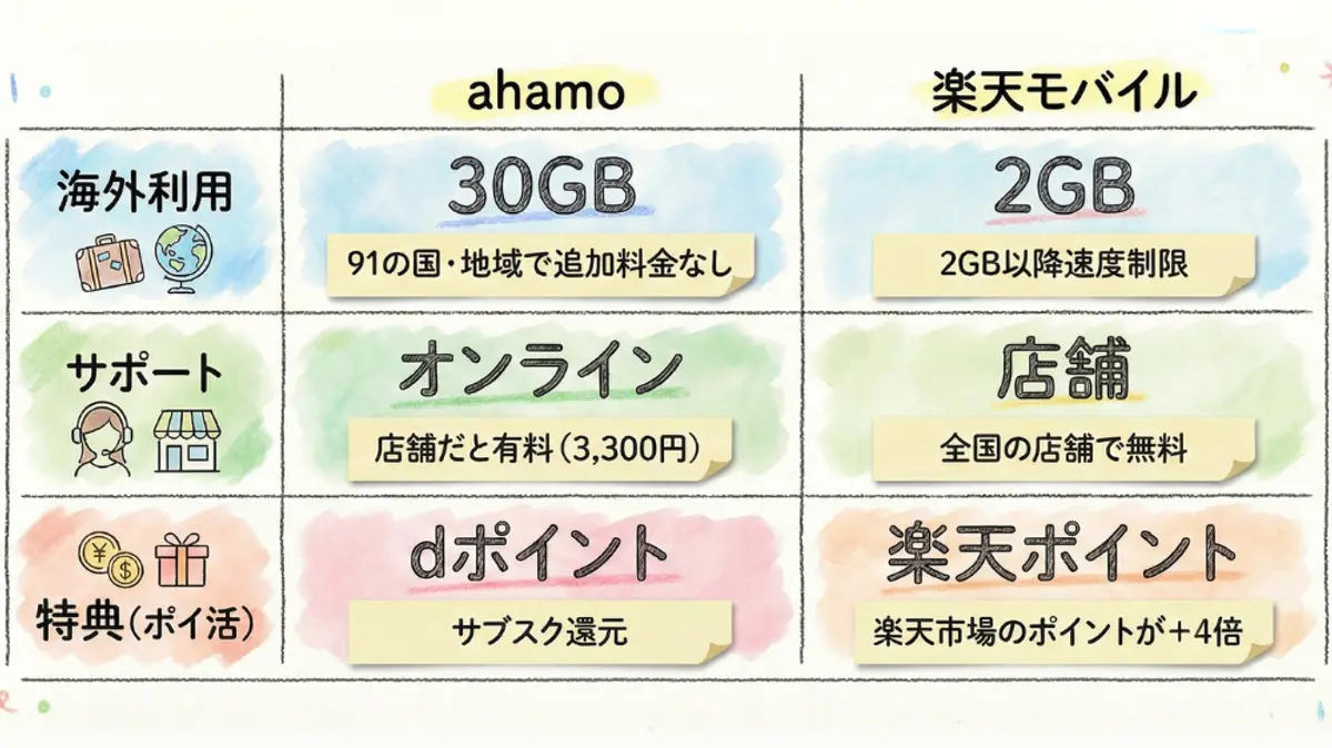 国際データ、カスタマー サポート、ロイヤルティ プログラムなど、ahamo と楽天モバイルのモバイル サービス機能を詳細に説明した比較表です。