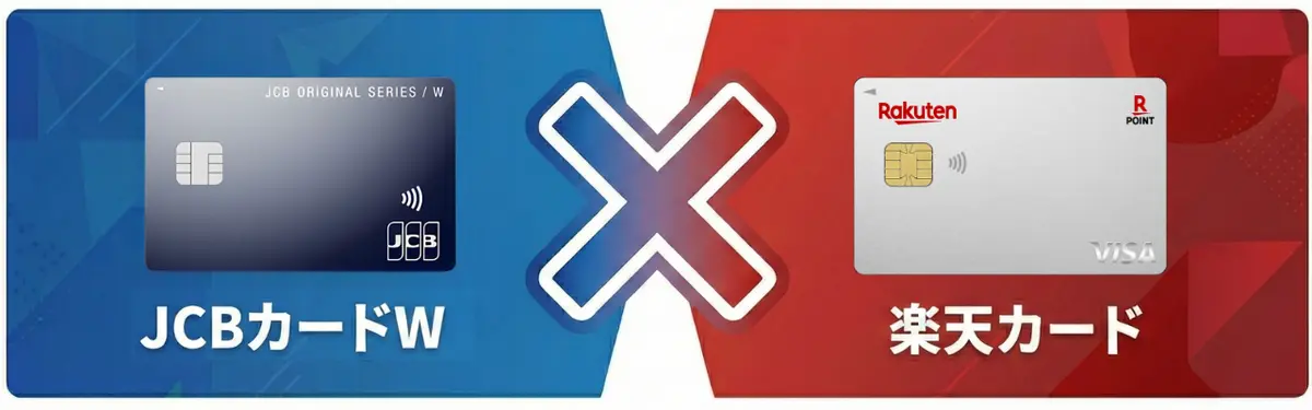 濃い青色の JCB カード W と銀色の楽天 Visa カードが、黒い X で区切られ、水色とピンクの背景に分割されています。