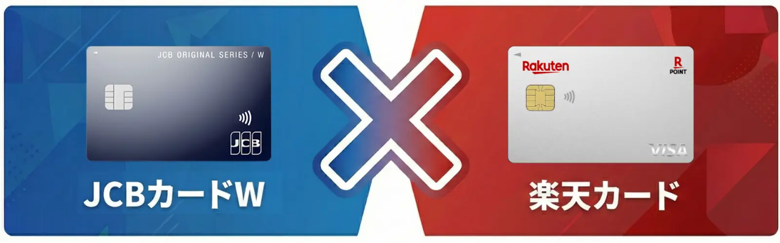 濃い青色の JCB カード W と銀色の楽天 Visa カードが、黒い X で区切られ、水色とピンクの背景に分割されています。