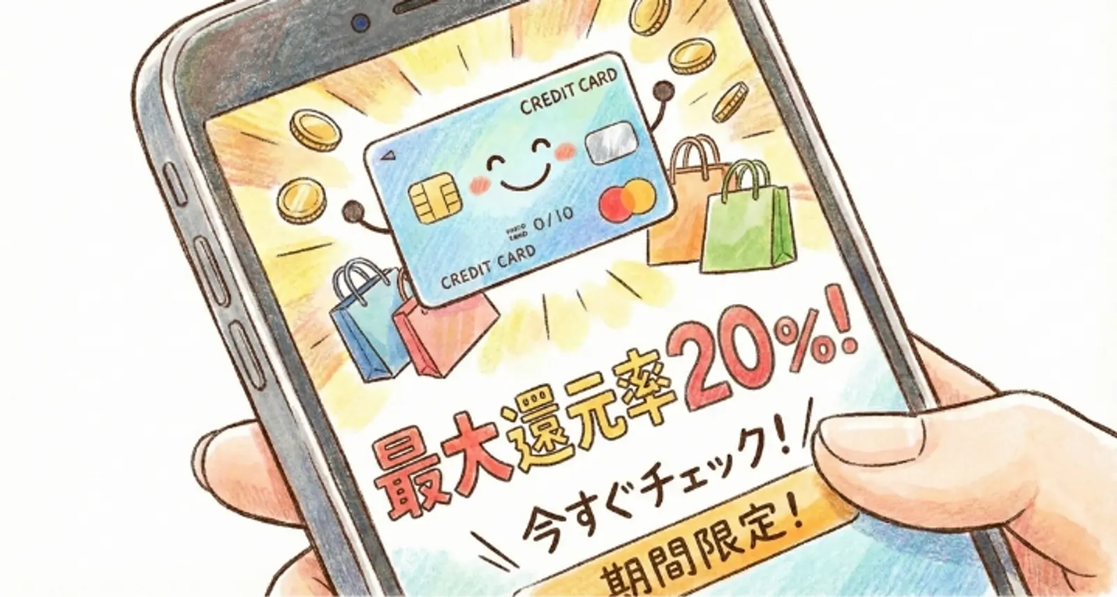 笑顔のカード、ショッピング バッグ、コイン、および「20%」割引が表示されたクレジットカードのプロモーションが表示されたスマートフォンを持つ手のイラスト。