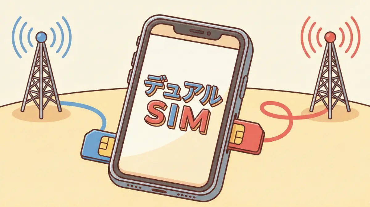 画面に「デュアル SIM」と表示され、青と赤の SIM カードを介して 2 つの別々の携帯電話基地局に接続されたスマートフォンのイラスト。