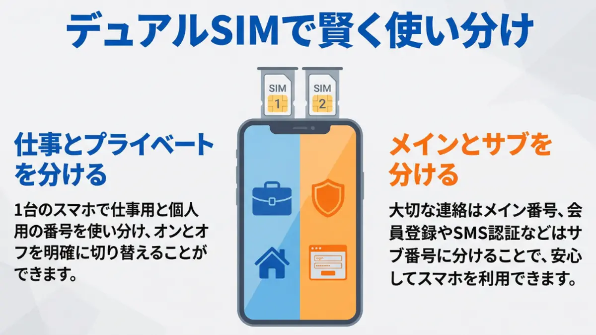 2 枚の SIM カードを搭載したスマートフォンを示すインフォグラフィック。仕事用と個人用、およびメインとセカンダリの電話の用途の分離を示しています。