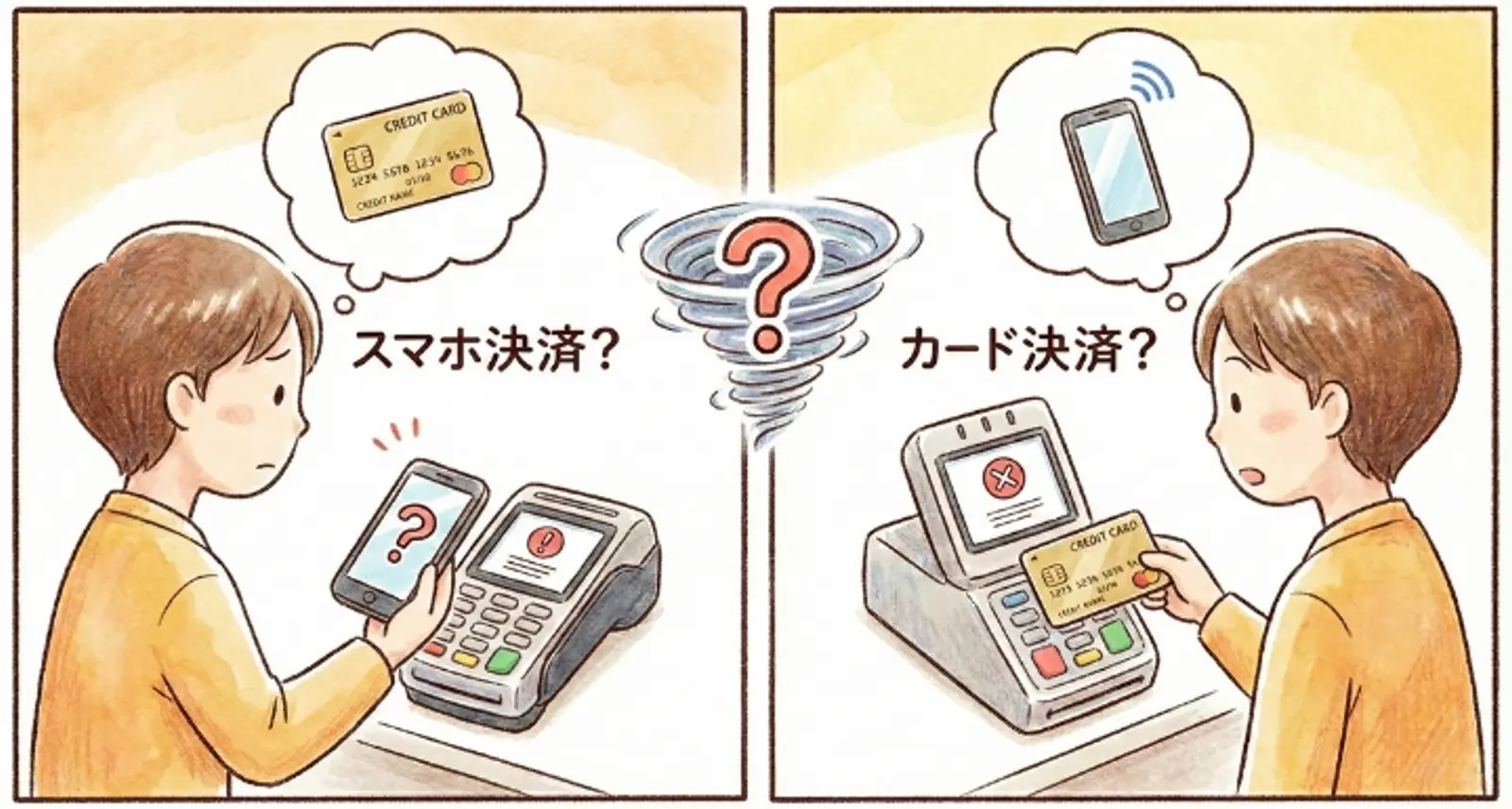 どちらの決済方法も問題を抱えており、スマホ決済とクレジットカード決済のどちらを選ぶべきか迷っている人を描いたイラスト