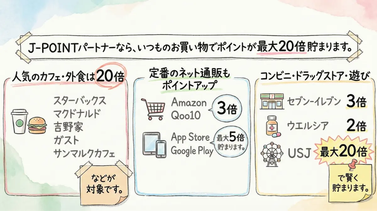さまざまな提携先での J-POINT 倍率を詳しく説明した日本語のインフォグラフィック: 人気のカフェ/レストランでは 20 倍、Amazon と 7-Eleven では 3 倍、ウエルシアでは 2 倍、USJ では最大 20 倍。