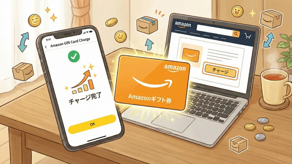 携帯電話の画面に Amazon ギフトカードの請求が成功したこと、光っている Amazon ギフトカード、ラップトップに Amazon の Web サイトが表示されているイラスト。