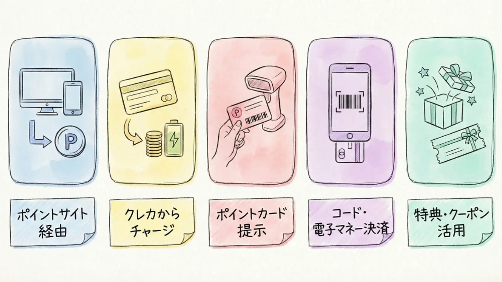 ポイントサイト経由で貯める、クレジットカードでチャージする、ポイントカードを提示する、モバイルバーコード・電子マネーで支払う、特典・クーポンを活用する、という5つのポイントと支払い方法を説明したイラストです。