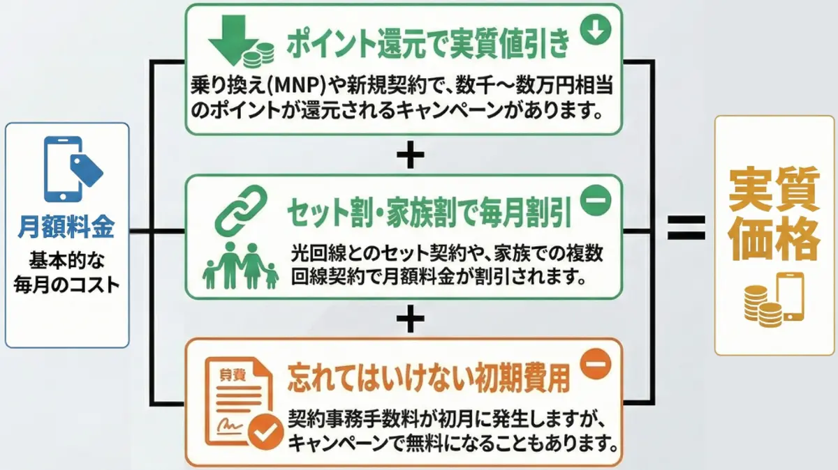 月額料金、ポイント利用、バンドル/ファミリー割引、初期費用を考慮した携帯電話プランの実際の価格計算を示す日本語の図表です。