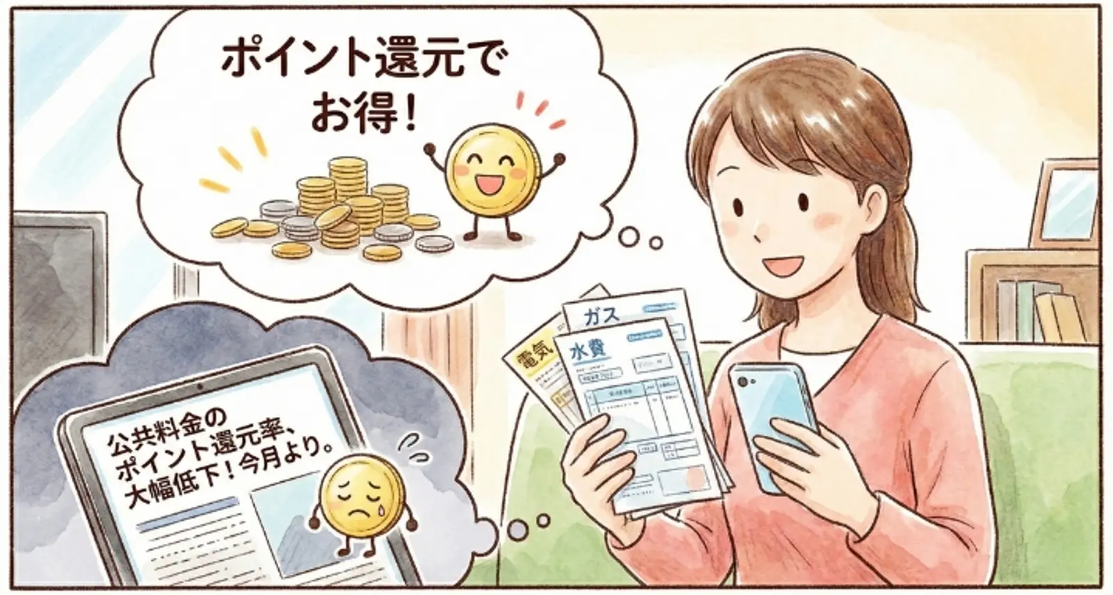 公共料金の請求書と携帯電話を持っている女性はポイントが貯まることを期待しているが、タブレット上のニュース記事で公共料金ポイントの報酬が大幅に減額されていることが明らかになった。