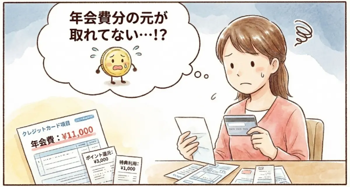 心配そうな女性は、年会費11,000円が記載されたクレジットカードの明細書を見て、払った金額に見合う価値があるのか​​と自問する。