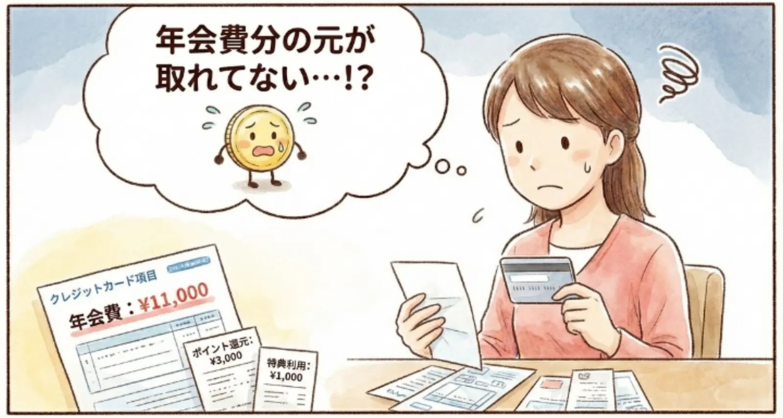 心配そうな女性は、年会費11,000円が記載されたクレジットカードの明細書を見て、払った金額に見合う価値があるのか​​と自問する。