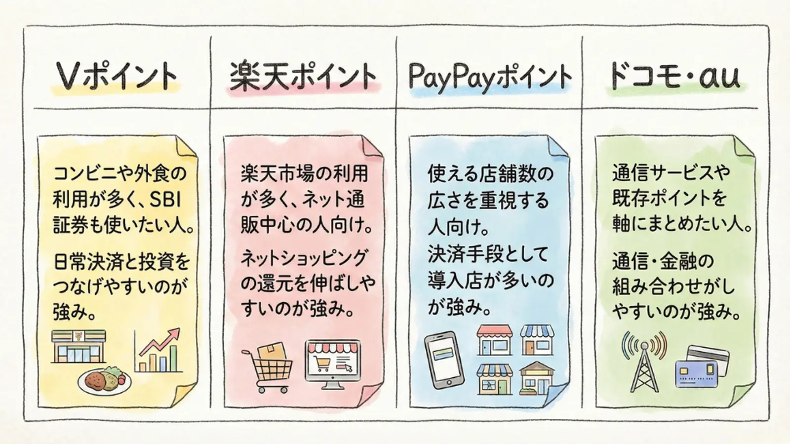 日本の4つのポイントプログラム(Vポイント、楽天ポイント、PayPayポイント、ドコモ/au)を、それぞれの特徴、対象ユーザー、関連アイコンとともに比較した図表。