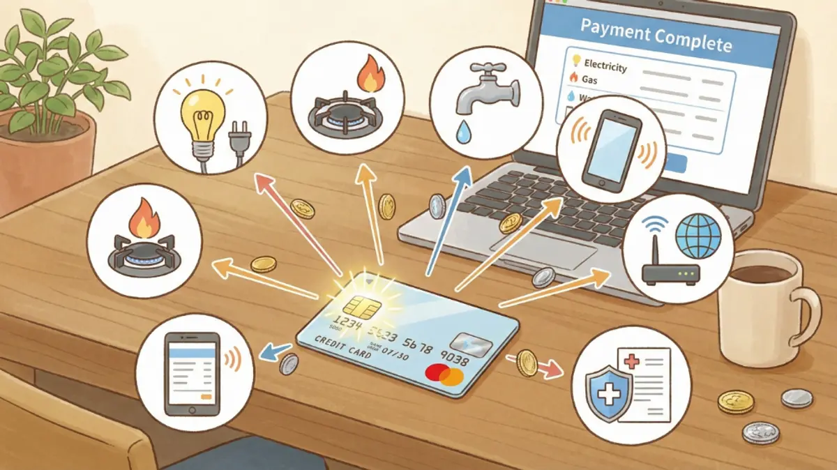 机の上にはクレジットカードがあり、矢印には電気、ガス、水道、電話、インターネット、健康保険料のアイコンが表示されています。ノートパソコンには「支払い完了」と表示されています。