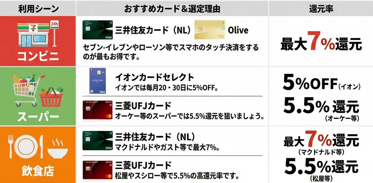 コンビニ、スーパー、レストランなど、さまざまな支出カテゴリでクレジットカードを比較した表。推奨カードと最大 7% のキャッシュバック/割引率を示しています。