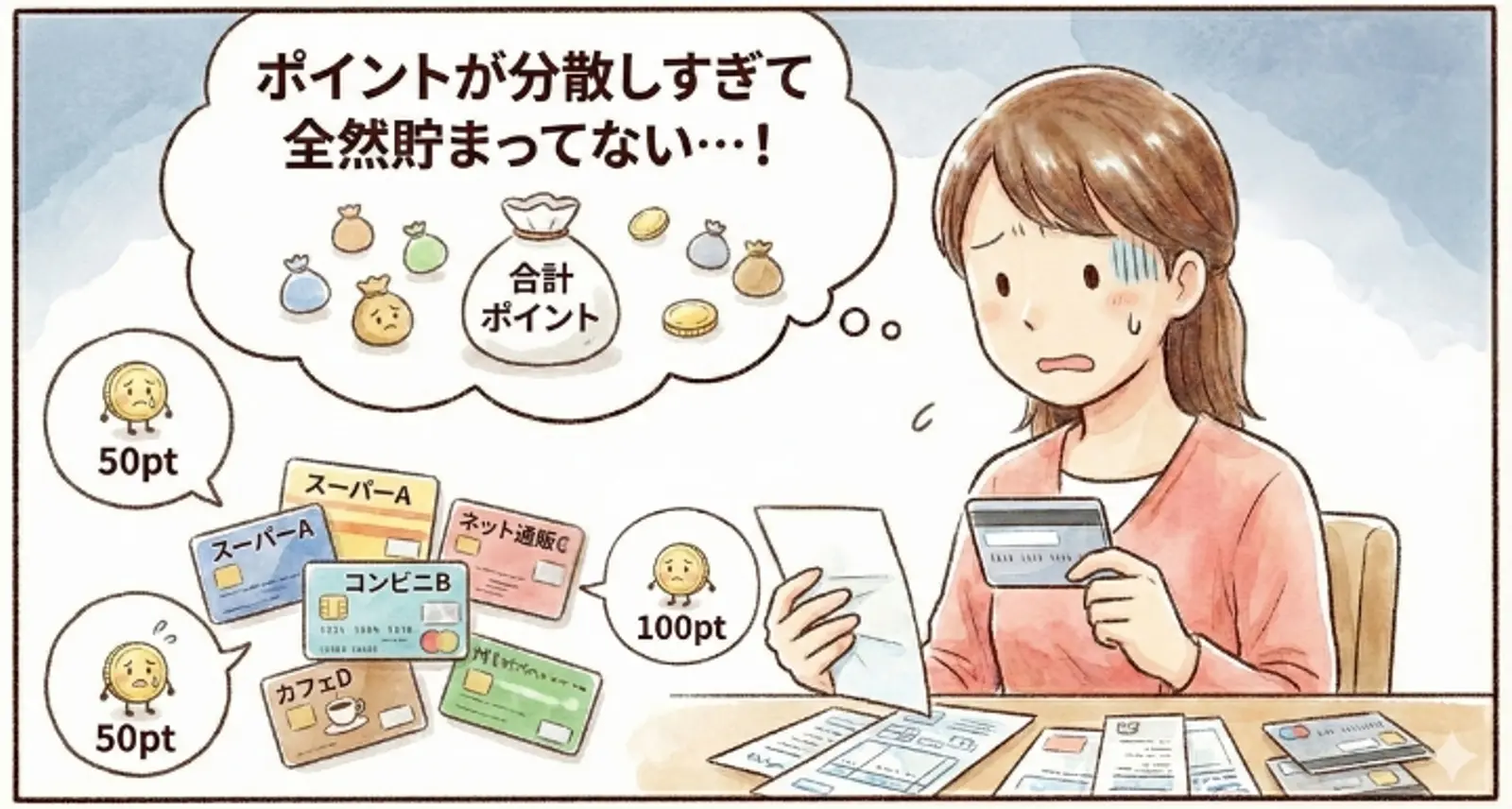女性がクレジットカードと請求書を手に持ち、ポイントが多くのカードに分散していて貯まらないことを嘆いています。