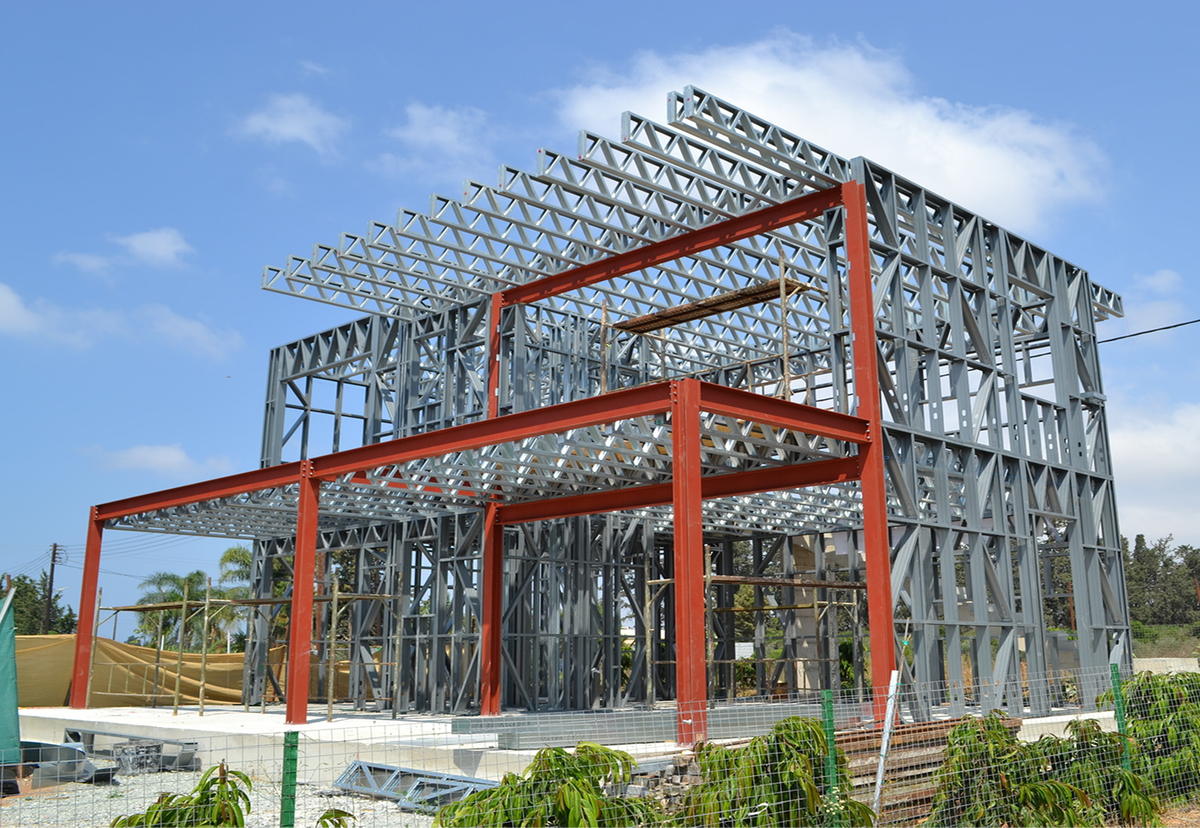 Completed light gauge steel building with hot-rolled beams