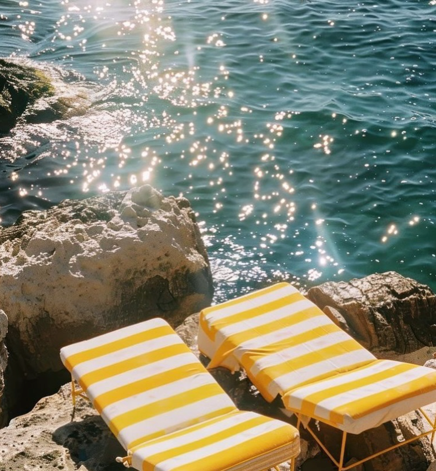 Yellow striped sun loungers by the sea