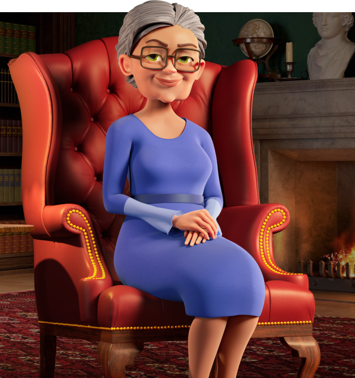 Mobile version of Ursula Boulton – Grandma from Merge Mansion, sitting in a chair 