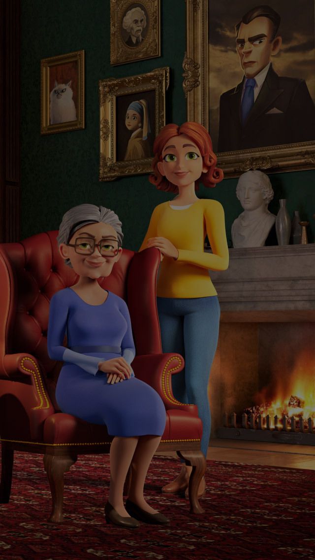 Grandma sitting in a chair next to her daughter Maddie who is standing next to a fireplace.