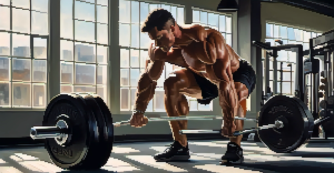 A bodybuilder lifting weights with a focused expression in a bright gym filled with equipment and sunlight.