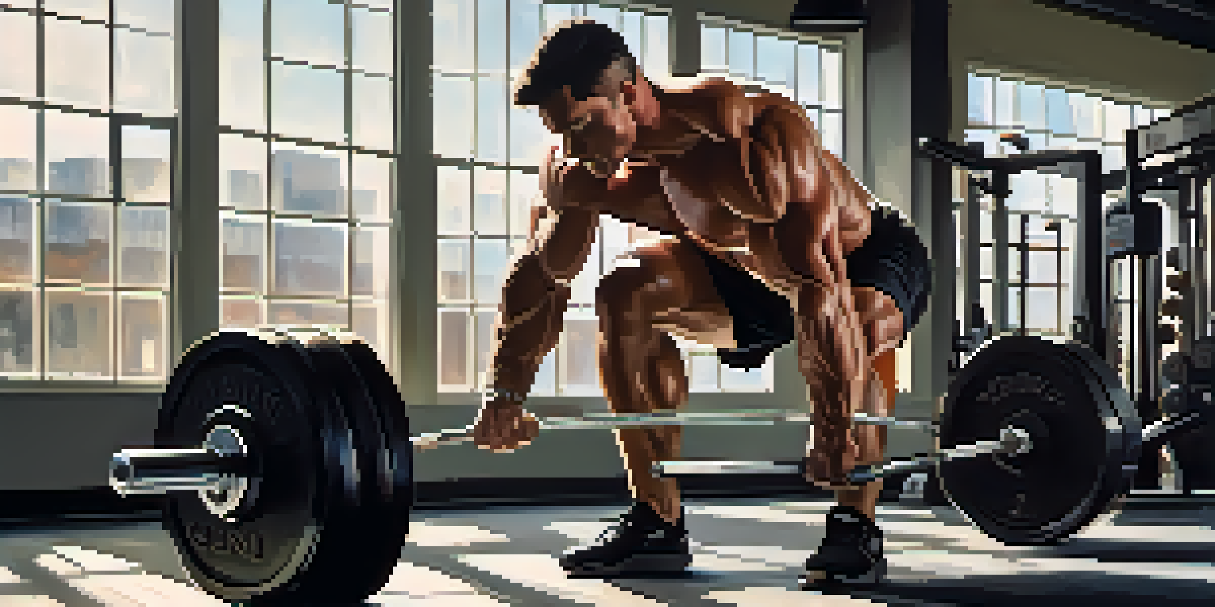 A bodybuilder lifting weights with a focused expression in a bright gym filled with equipment and sunlight.