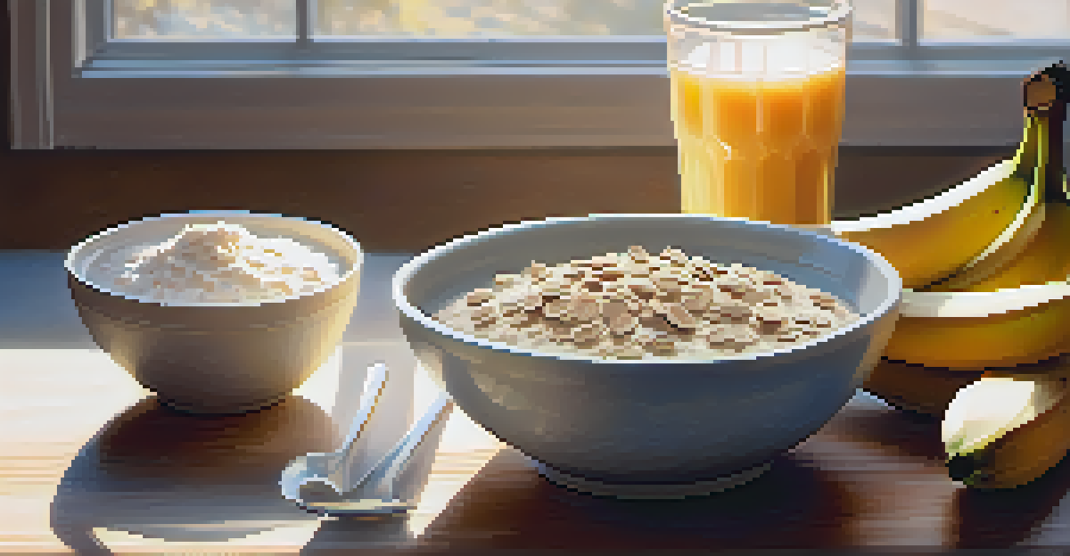A bowl of oatmeal with banana and protein powder on a wooden table, illuminated by soft sunlight.